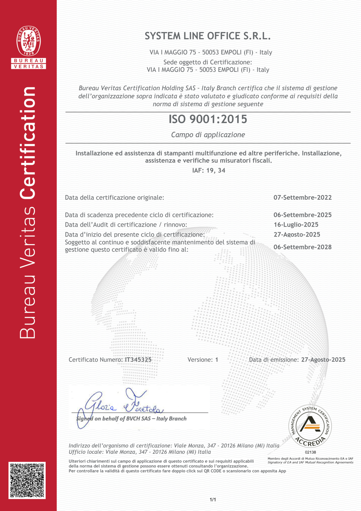 Anteprima del certificato originale ISO 9001:2015 di System Line, numero IT345325, rilasciato da Bureau Veritas