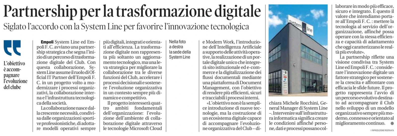 Il Tirreno: Partnership per la trasformazione digitale. L’accordo tra System Line ed Empoli F.C.